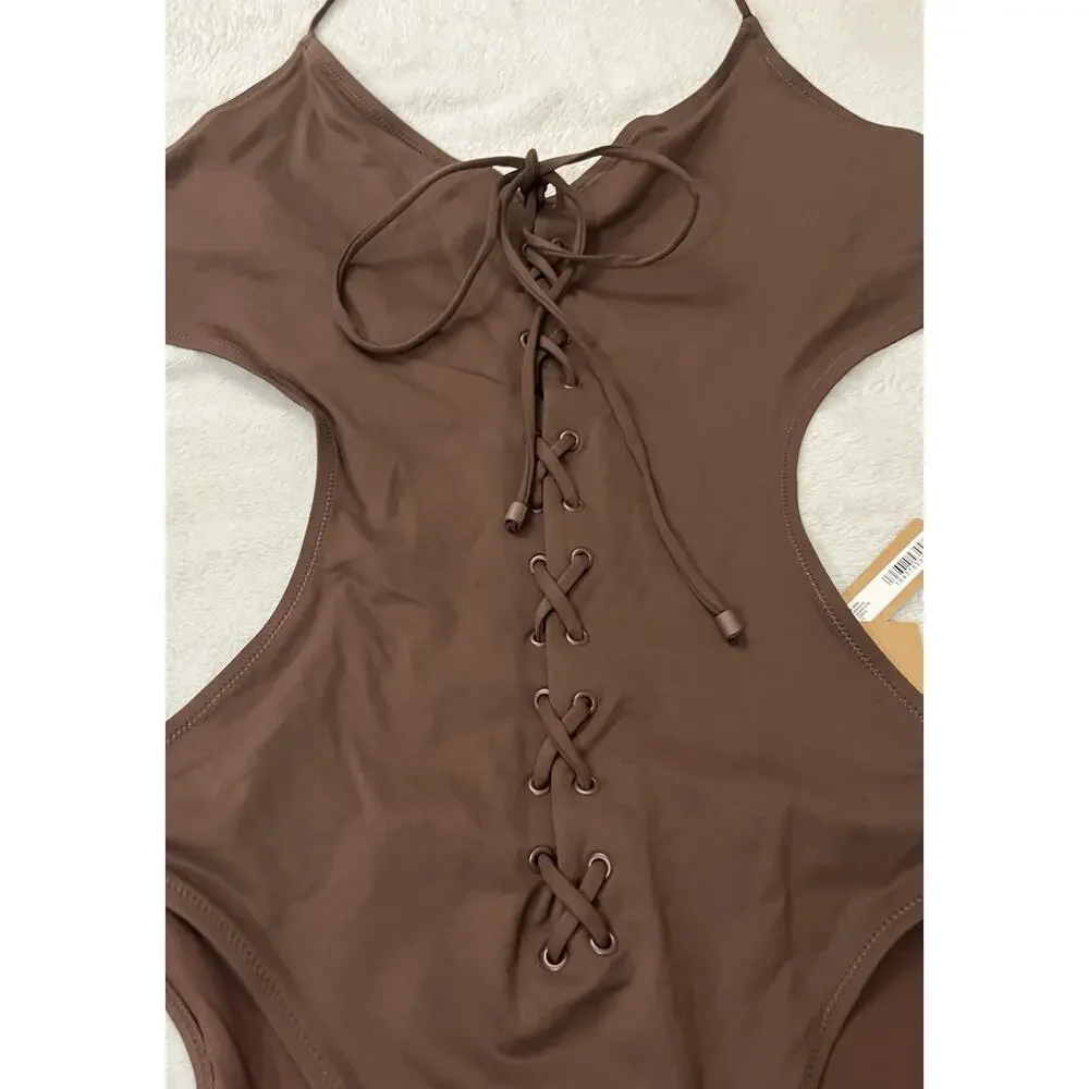 Skims Recycled Swim Lace Up String Monokini 4X Rich Cocoa Brown OP-BRF-2794 NEW